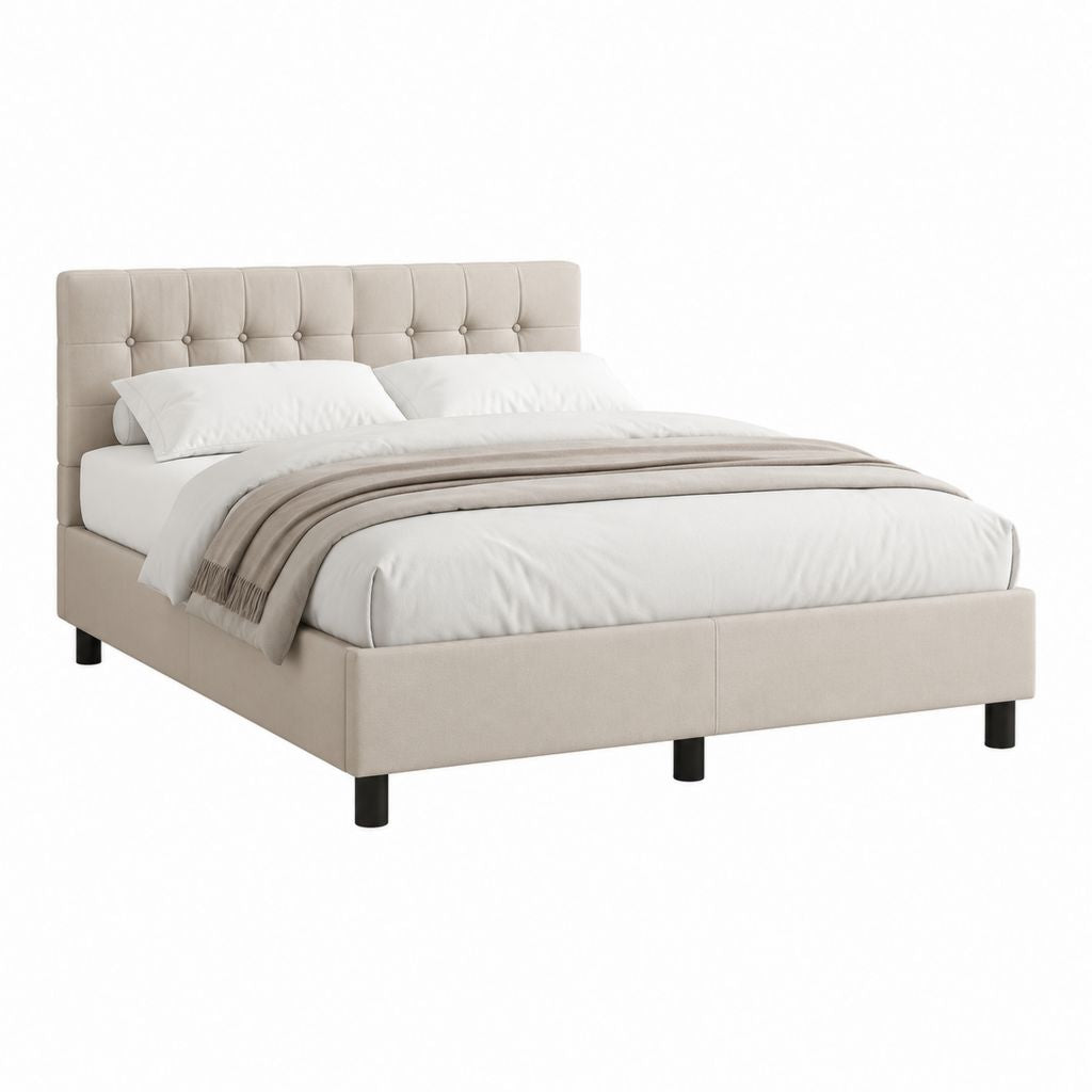Letto matrimoniale imbottito beige in poliestere con testiera capitonné 160 x 200 cm