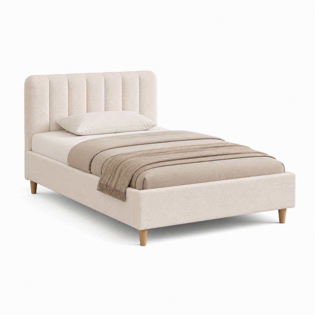 Letto matrimoniale imbottito beige in poliestere con testiera scanalata 160 x 200 cm