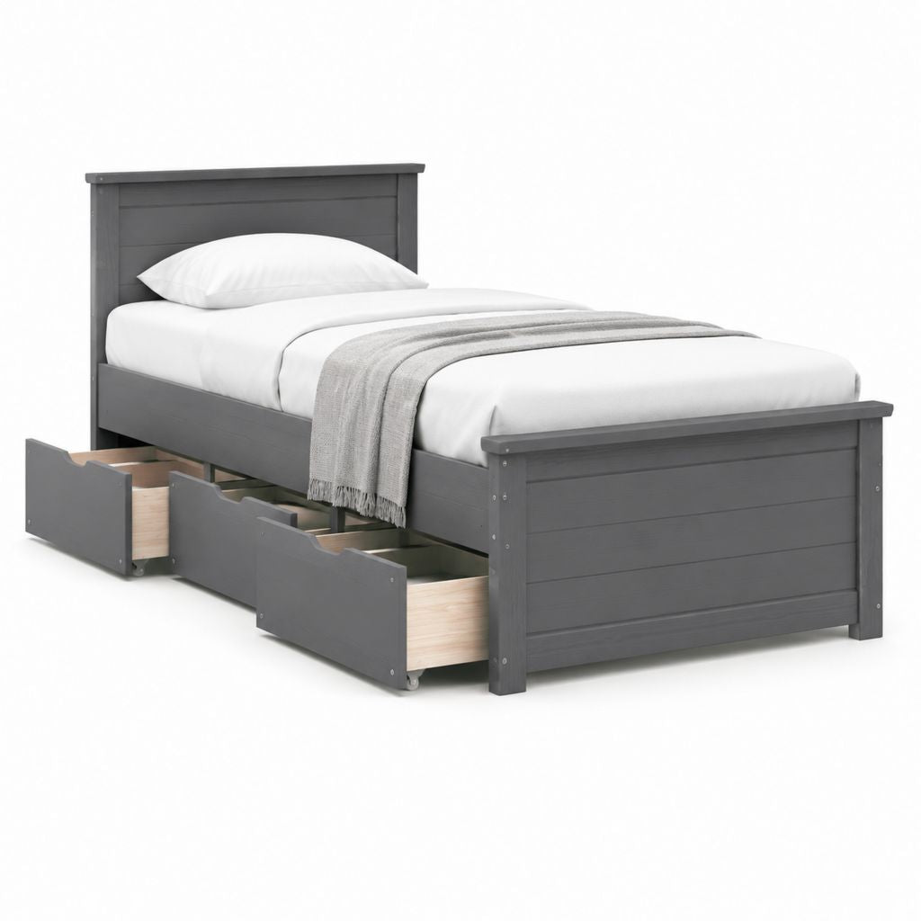 Letto singolo con 2 cassetti grigio antracite in legno massello di pino 100 x 190 cm