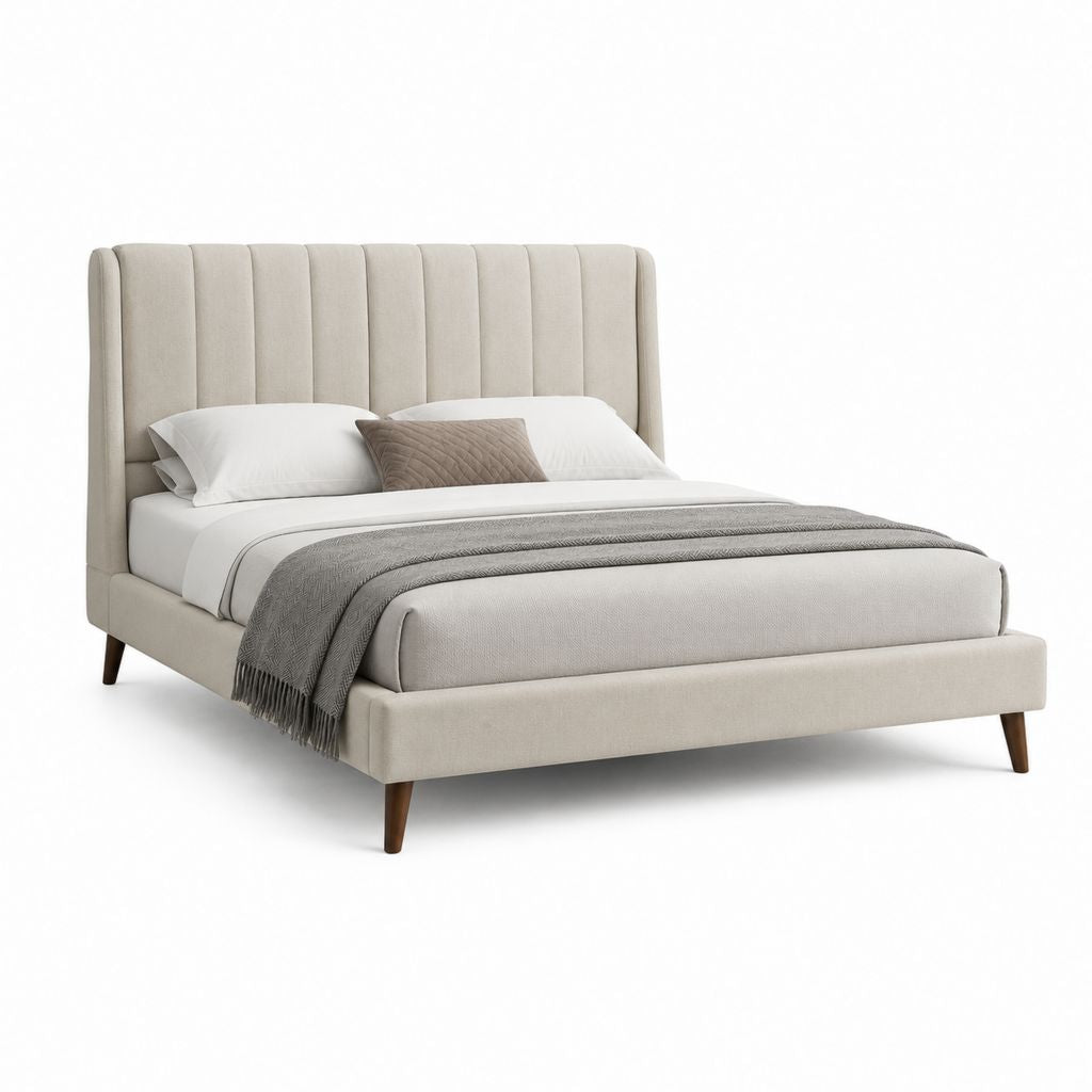 Letto matrimoniale imbottito beige in poliestere con testiera verticale 160 x 200 cm