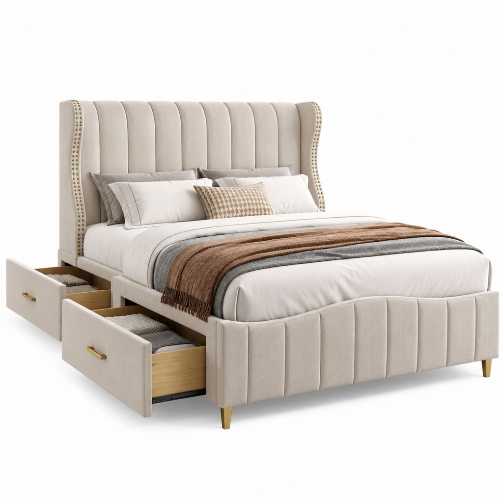 Letto matrimoniale contenitore beige in poliestere 160 x 200 cm con 2 cassetti laterali