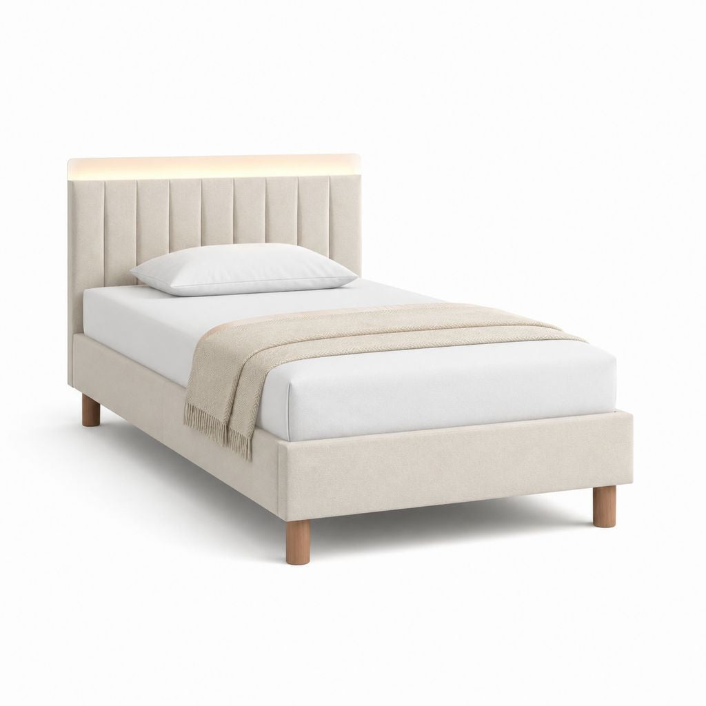 Letto singolo imbottito beige in poliestere con testiera verticale 90 x 200 cm