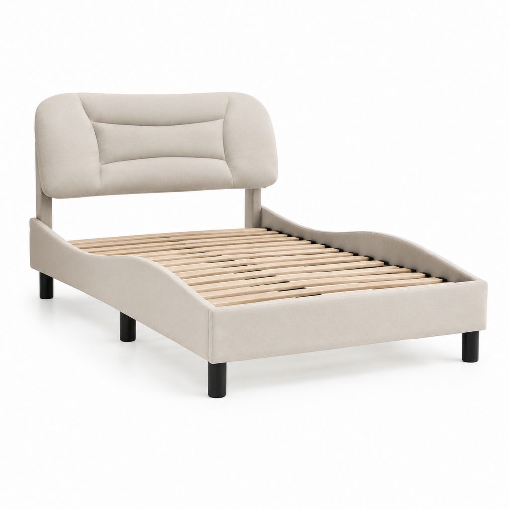 Letto singolo rettangolare imbottito beige in poliestere con rete a doghe 90 x 190 cm