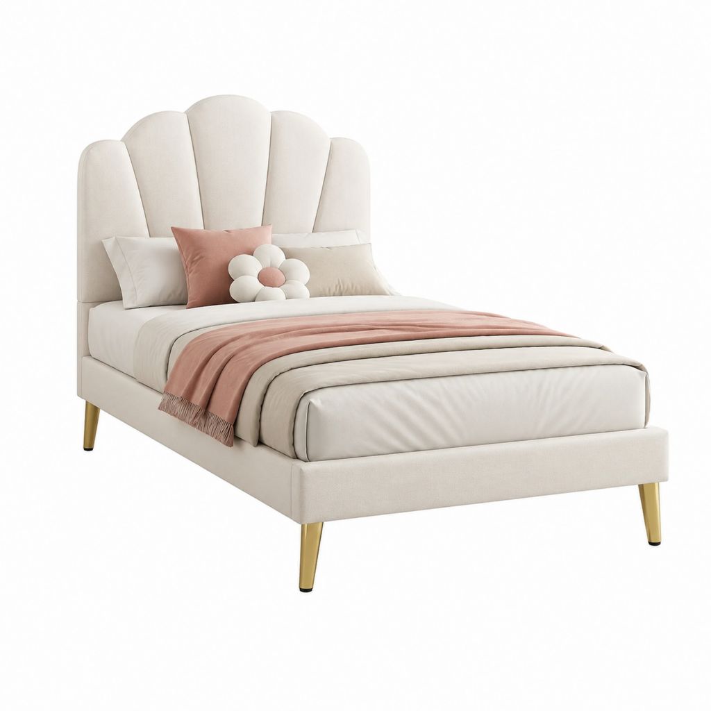 Letto matrimoniale imbottito avorio in velluto di poliestere con testiera a ventaglio 160 x 200 cm