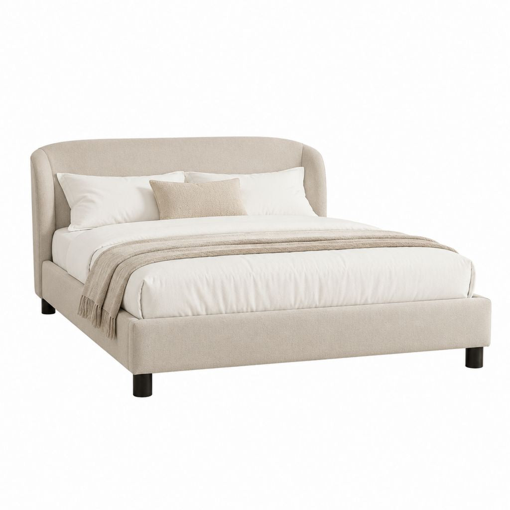 Letto matrimoniale imbottito beige in poliestere con testiera curva 160 x 200 cm