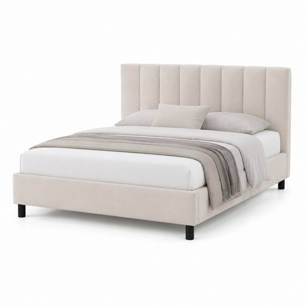 Letto matrimoniale imbottito beige in poliestere 160 x 200 cm con testiera alta