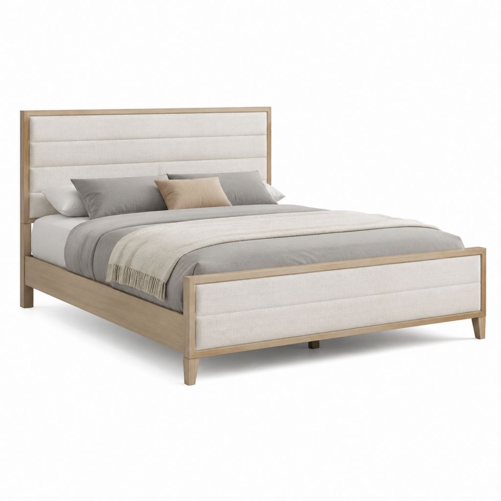 Letto matrimoniale beige con struttura effetto rovere e testiera imbottita 160 x 200 cm