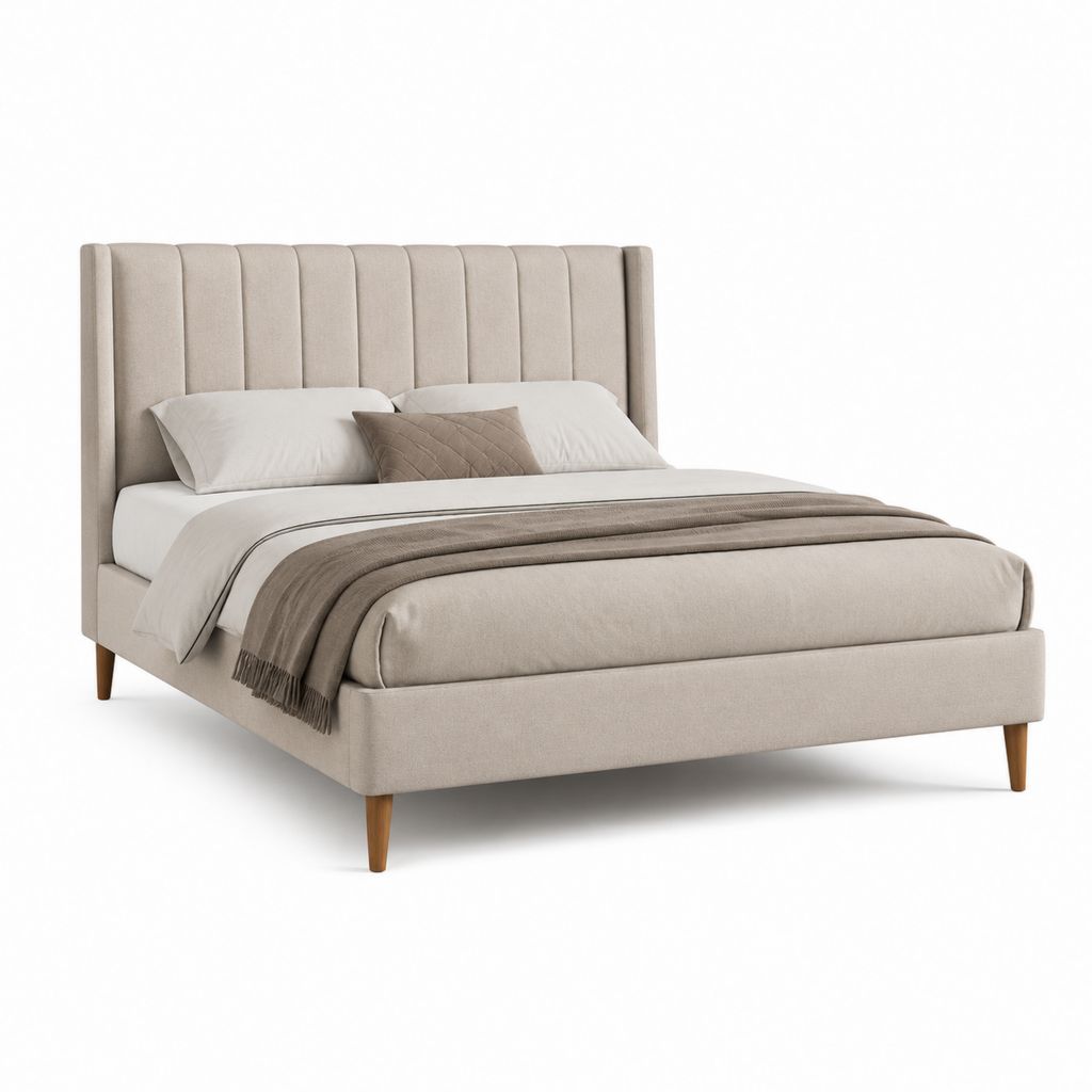 Letto matrimoniale imbottito beige in poliestere con testiera alta 160 x 200 cm
