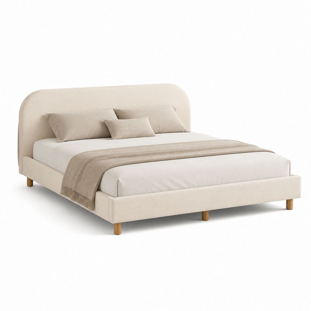 Letto matrimoniale imbottito beige in poliestere con testiera arrotondata 160 x 200 cm
