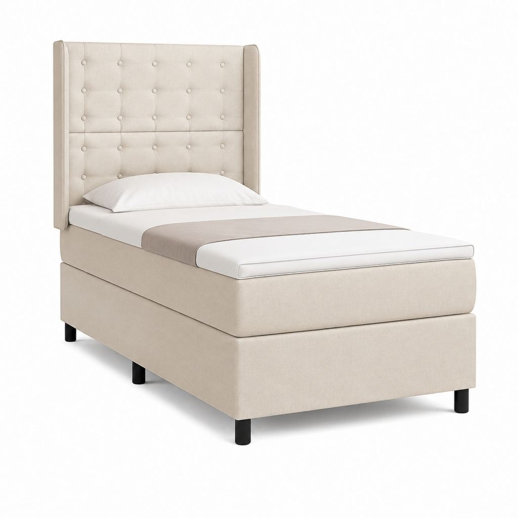 Letto singolo imbottito beige in poliestere con testiera capitonné 90 x 200 cm