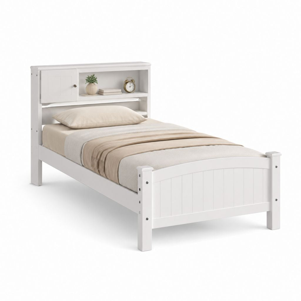 Letto singolo con testiera libreria bianco in legno di pino 90 x 190 cm