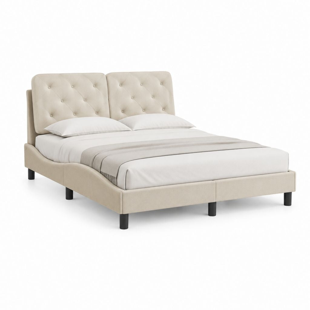 Letto matrimoniale rettangolare imbottito beige in poliestere con testiera capitonné 160 x 200 cm