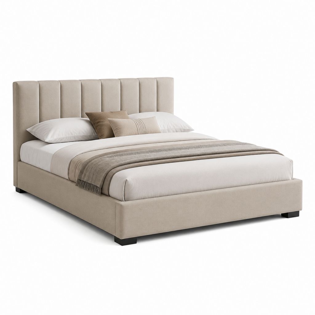 Letto matrimoniale imbottito beige in poliestere con testiera verticale 160 x 200 cm