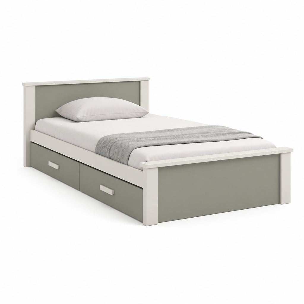 Letto singolo rettangolare con 2 cassetti bianco e verde salvia in pannello di particelle 90 x 190 cm