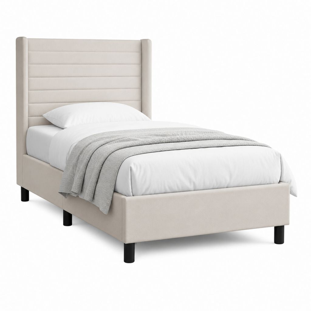Letto singolo imbottito beige in poliestere 90 x 190 cm con testiera alta