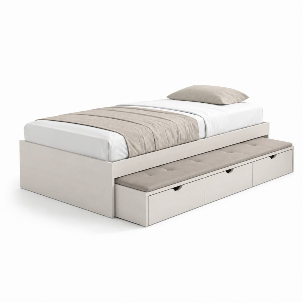 Letto singolo con letto estraibile e 3 cassetti bianco in pannello truciolare melaminico rettangolare 90 x 200 cm