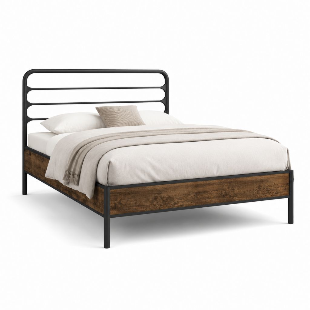 Letto matrimoniale con struttura in acciaio nero e pannelli in legno ingegnerizzato marrone 160 x 200 cm