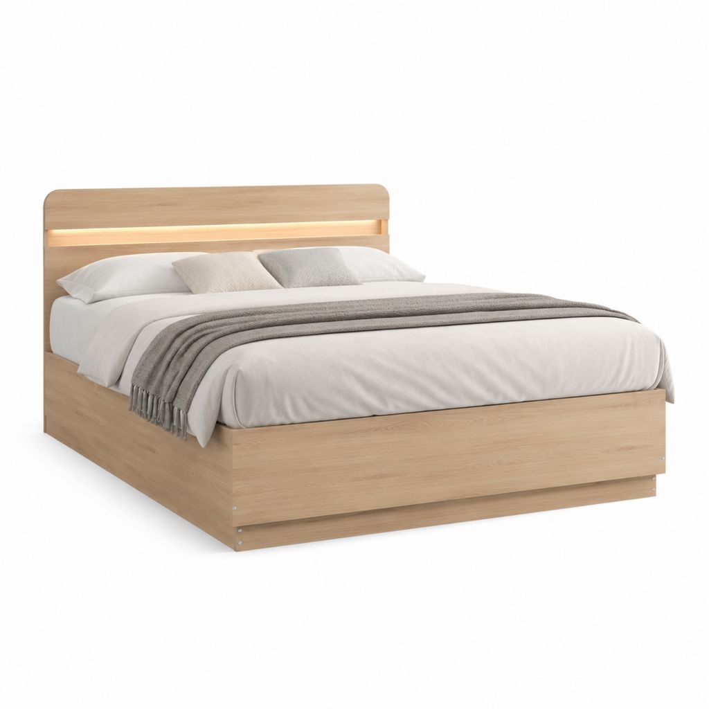 Letto matrimoniale 160 x 200 cm rovere chiaro in pannello truciolare con testiera LED