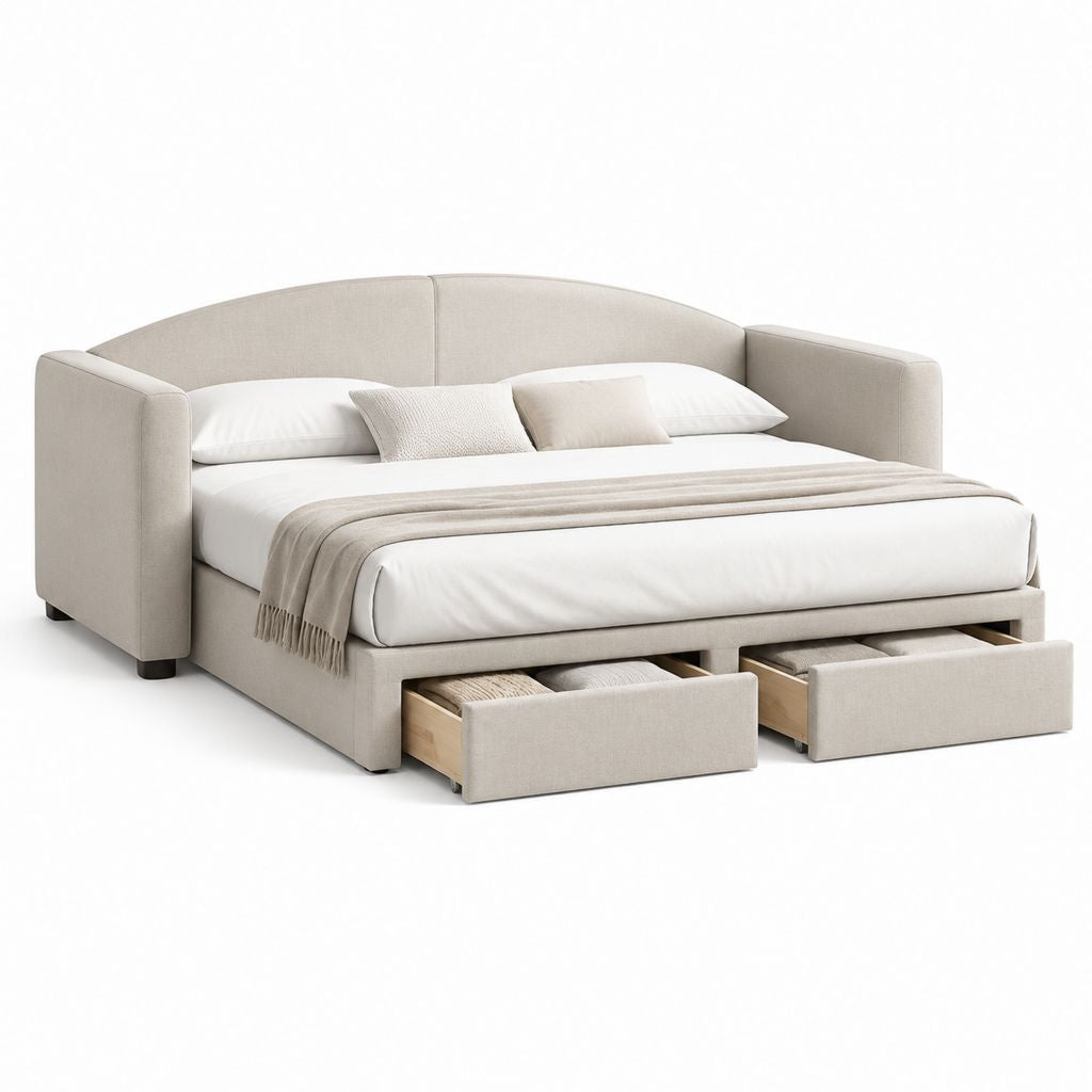 Letto matrimoniale contenitore beige in poliestere con testiera curva e 2 cassetti 160 x 200 cm