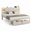 Letto matrimoniale rettangolare bianco e beige in acciaio MDF e poliestere 160 x 200 cm con cassetti e mensole LED