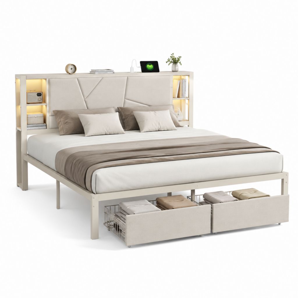 Letto matrimoniale rettangolare bianco e beige in acciaio MDF e poliestere 160 x 200 cm con cassetti e mensole LED